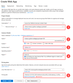 Una captura de pantalla que muestra cómo rellenar el formulario para crear una instancia de App Service en Azure Portal.