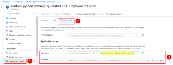 Captura de pantalla que muestra la ubicación de las credenciales de implementación en Azure Portal.