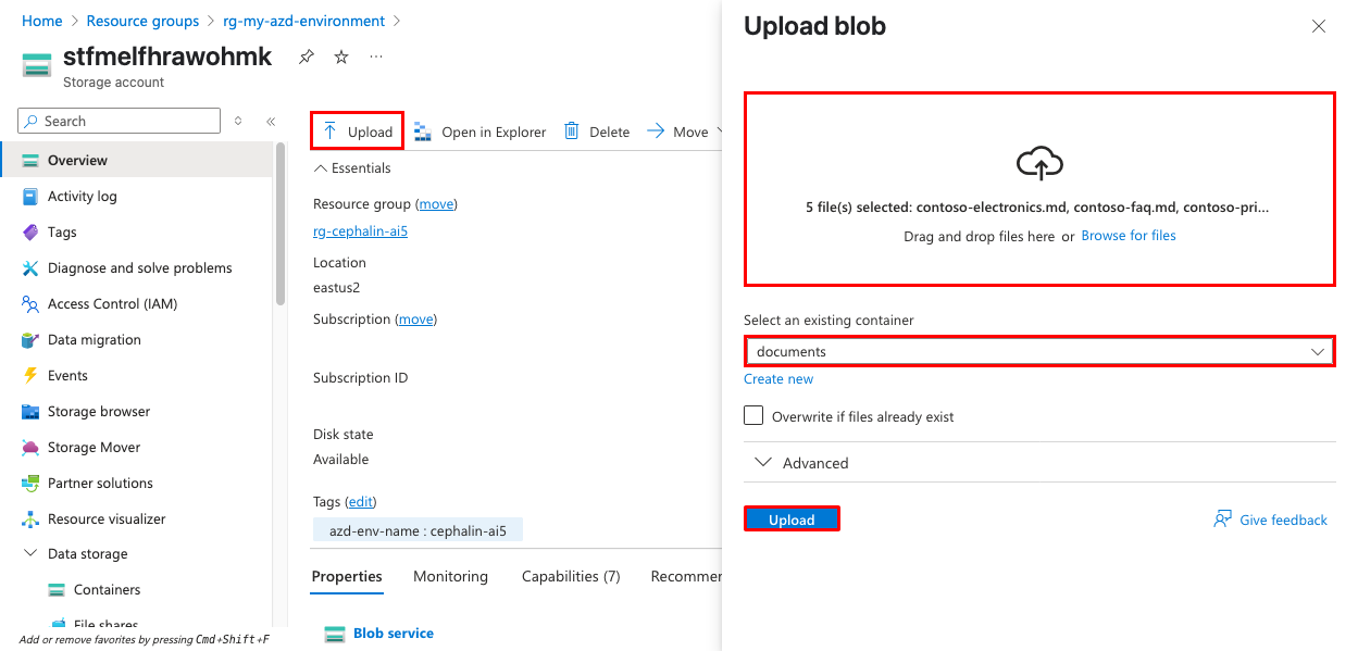 Captura de pantalla que muestra cómo cargar documentos en el contenedor de almacenamiento.