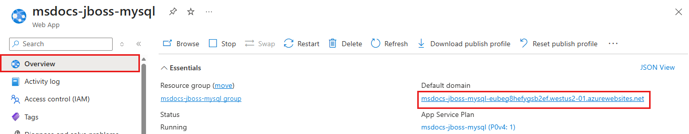 Captura de pantalla que muestra cómo iniciar una App Service desde Azure Portal