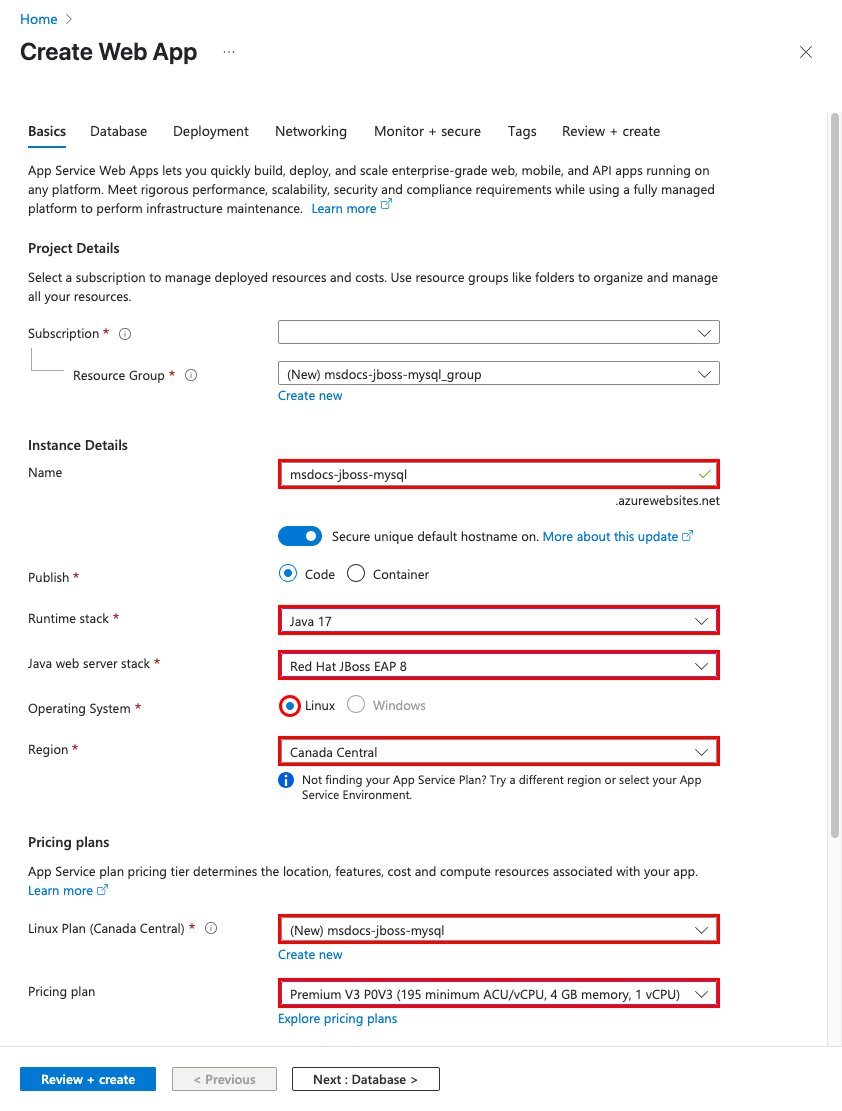 Recorte de pantalla que muestra cómo configurar una aplicación y base de datos nuevas en el asistente para aplicaciones web.