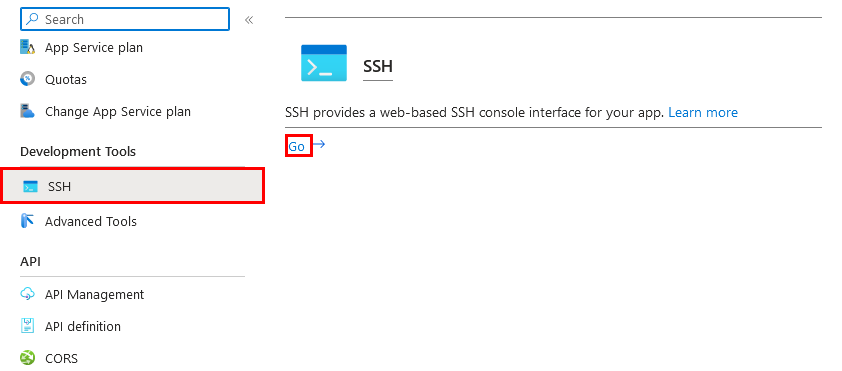 Captura de pantalla que muestra cómo abrir el shell de SSH de la aplicación desde Azure Portal