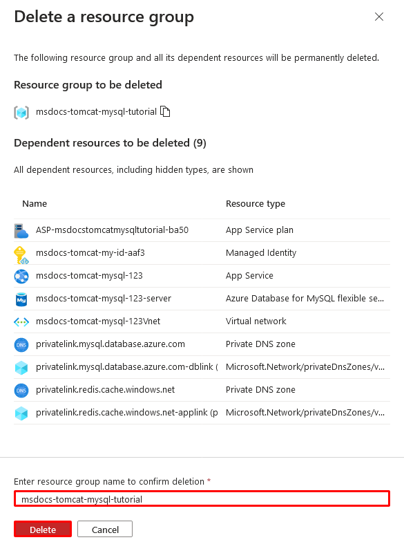 Captura de pantalla del diálogo de confirmación para eliminar un grupo de recursos en Azure Portal.