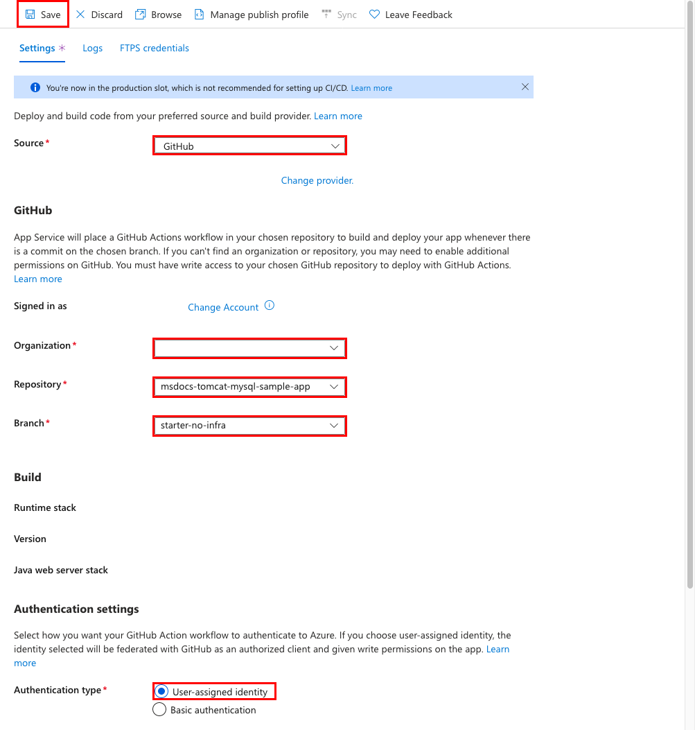 Captura de pantalla que muestra cómo configurar la CI/CD mediante Acciones de GitHub