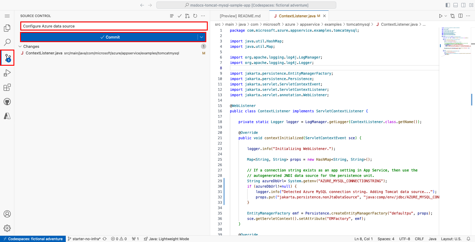 Captura de pantalla en la que se muestran los cambios que se confirman y se insertan en GitHub.
