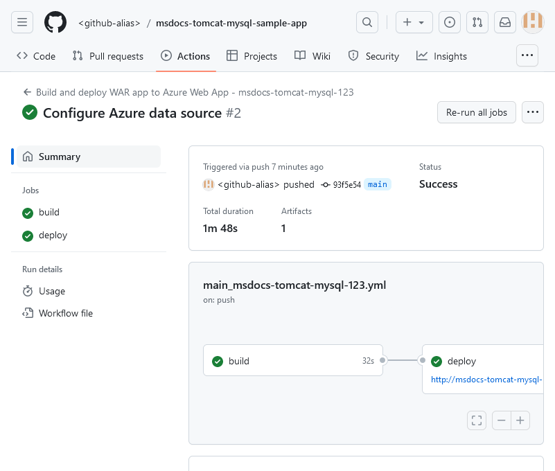 Captura de pantalla que muestra una ejecución de GitHub en curso.