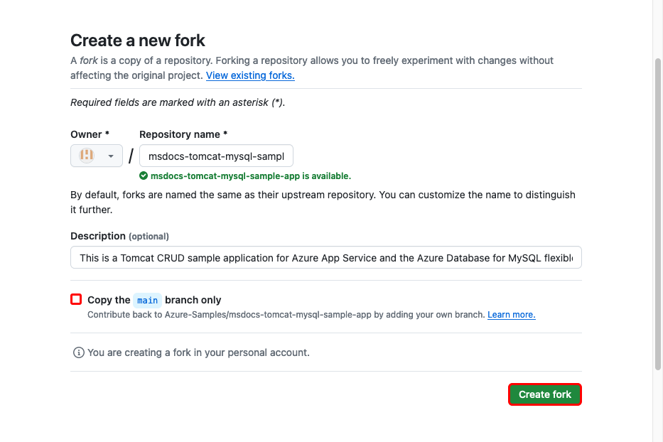 Captura de pantalla que muestra cómo crear una bifurcación del repositorio de GitHub de ejemplo