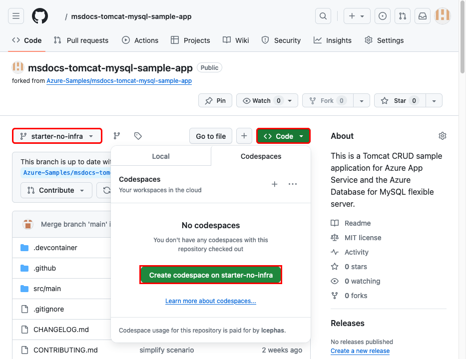 Captura de pantalla que muestra cómo crear un codespace en GitHub.