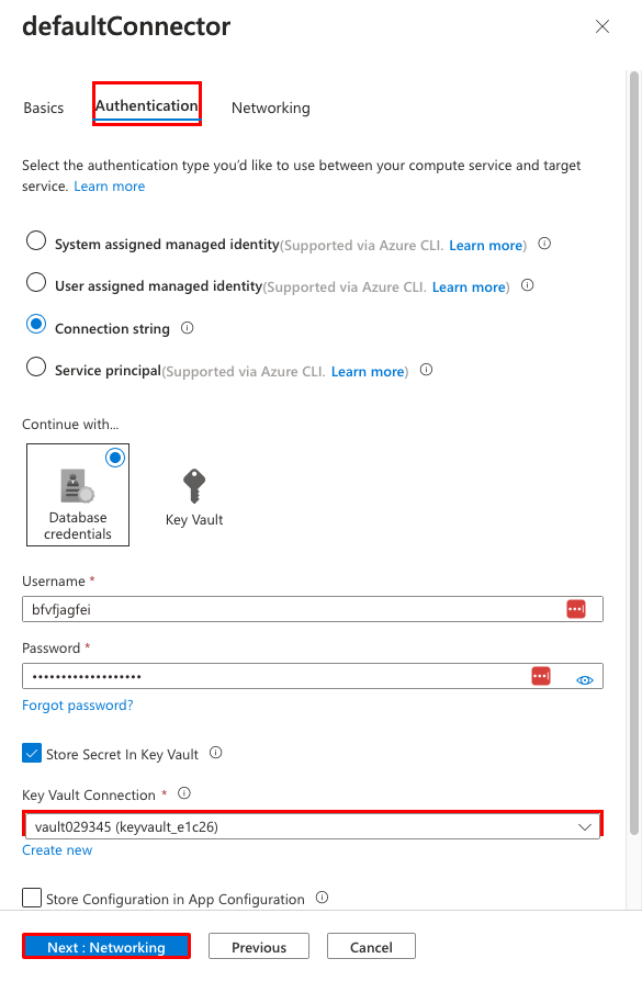 Captura de pantalla que muestra la conexión del almacén de claves seleccionada en defaultConnector.