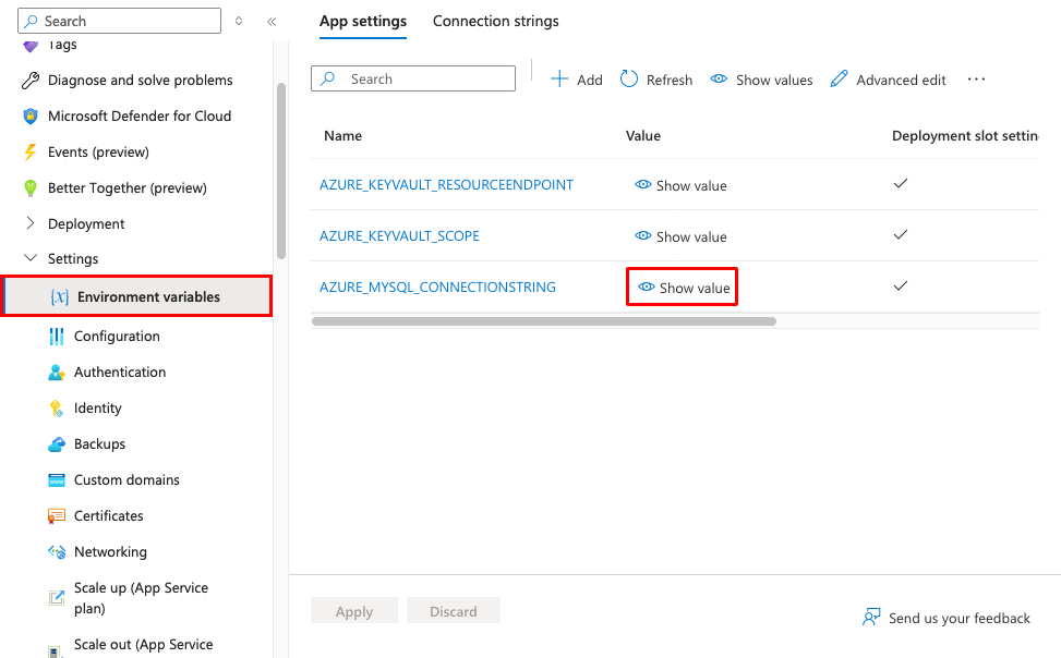 Captura de pantalla que muestra cómo ver el valor de la variable de entorno de MySQL en Azure.