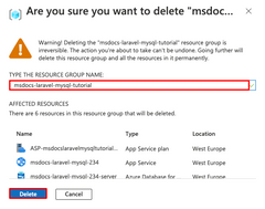 Captura de pantalla del diálogo de confirmación para eliminar un grupo de recursos en Azure Portal.