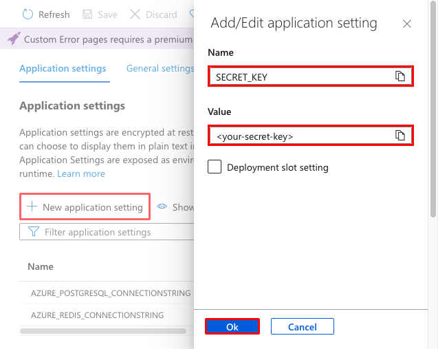 A screenshot showing how to set the SECRET_KEY app setting in the Azure portal.
