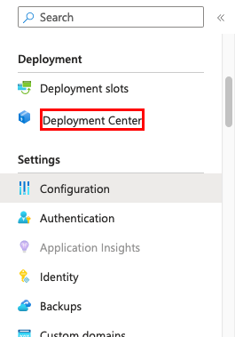 A screenshot showing how to open the deployment center in App Service (Django).