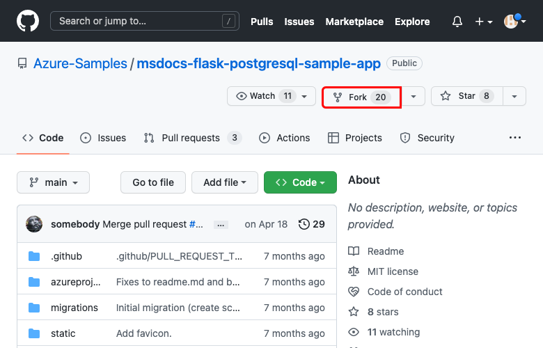 A screenshot showing how to create a fork of the sample GitHub repository (Flask).