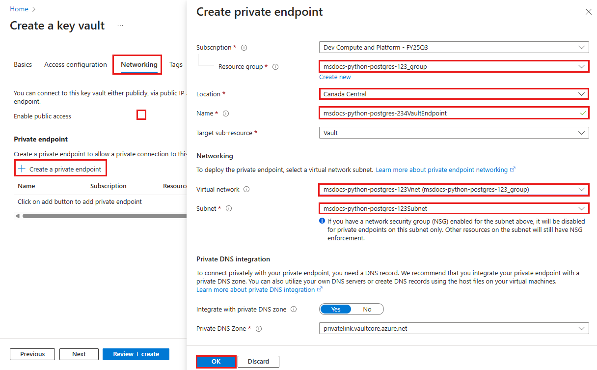 Captura de pantalla que muestra cómo proteger un almacén de claves con un punto de conexión privado.