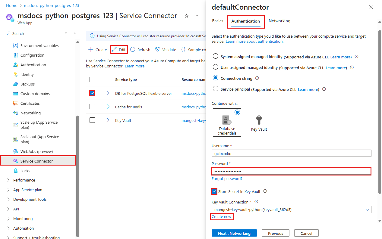 Captura de pantalla que muestra cómo editar un conector de servicio con una conexión de almacén de claves.