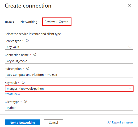 Captura de pantalla que muestra cómo configurar un conector de servicio del almacén de claves.