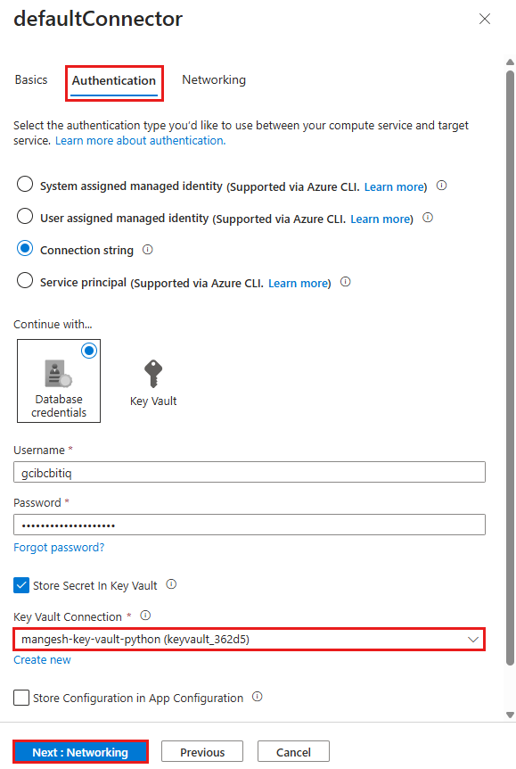 Captura de pantalla que muestra la conexión del almacén de claves seleccionada en defaultConnector.