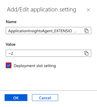 Una captura de pantalla que muestra cómo configurar una configuración de aplicación como una configuración de ranura en el Azure Portal.