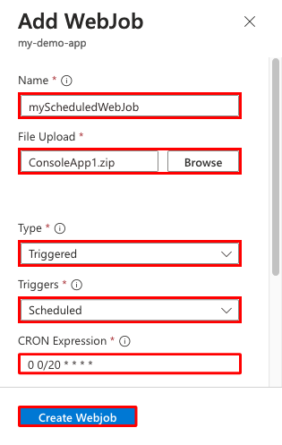 Captura de pantalla que muestra cómo configurar un WebJob programado en una aplicación de App Service.