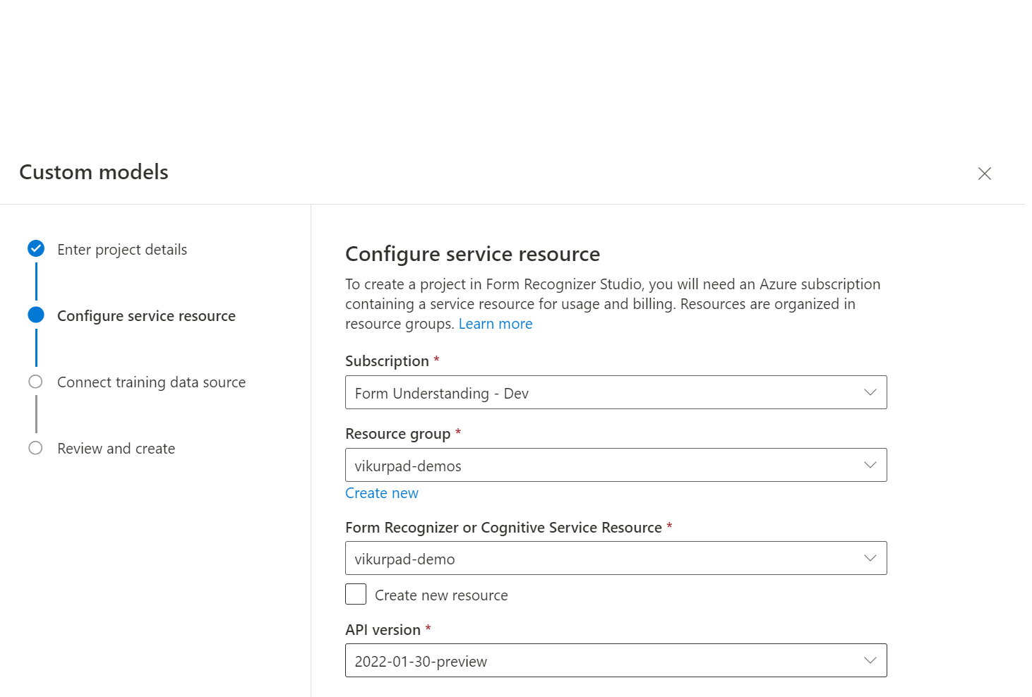 Captura de pantalla de la opción Seleccionar el recurso de Documento de inteligencia.