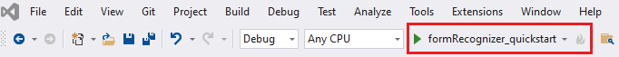 Captura de pantalla del botón Ejecutar el programa Visual Studio.