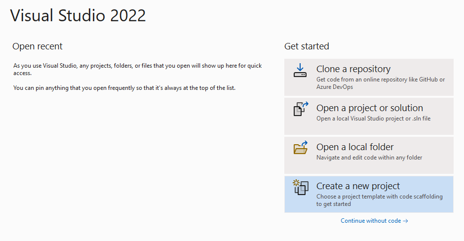 Captura de pantalla de la ventana de inicio de Visual Studio.