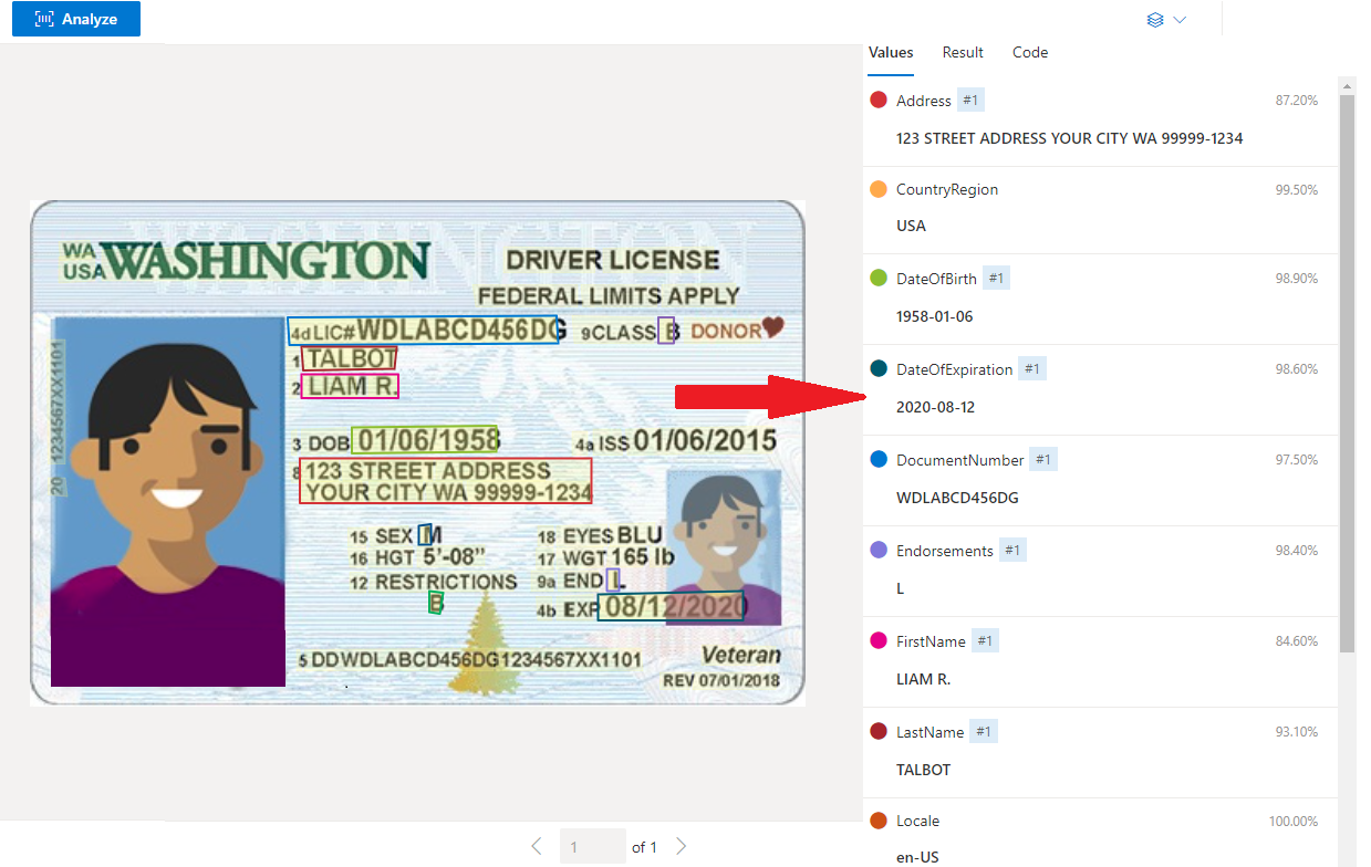 Captura de pantalla de una tarjeta de identificación de ejemplo.