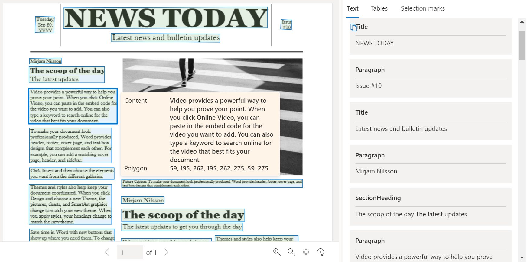 Captura de pantalla de una página de periódico de ejemplo procesada con Studio de Documento de inteligencia.