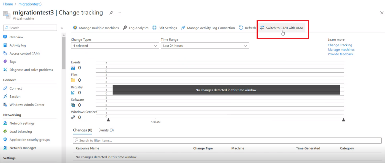 Screenshot that shows switching between log analytics and Azure Monitoring Agent after a successful migration.