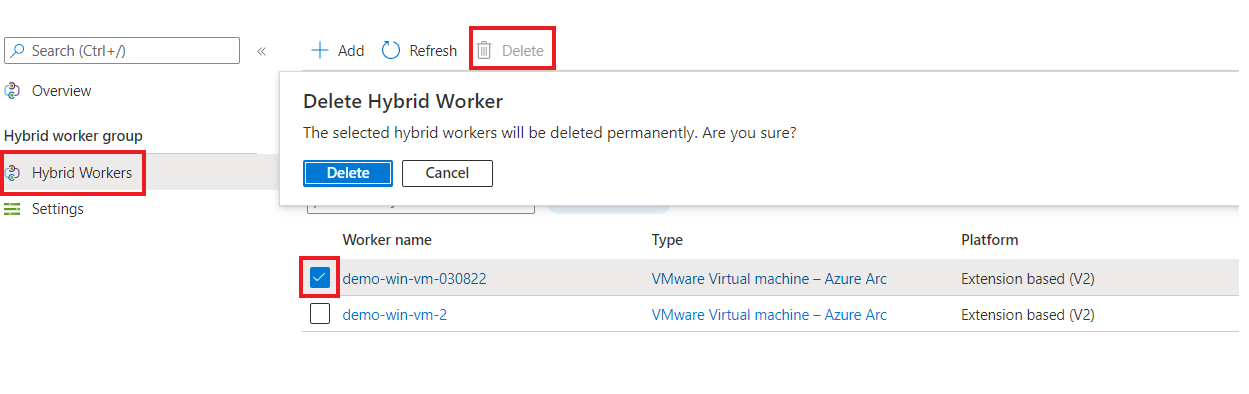 Captura de pantalla que muestra cómo eliminar una máquina virtual de un grupo existente.