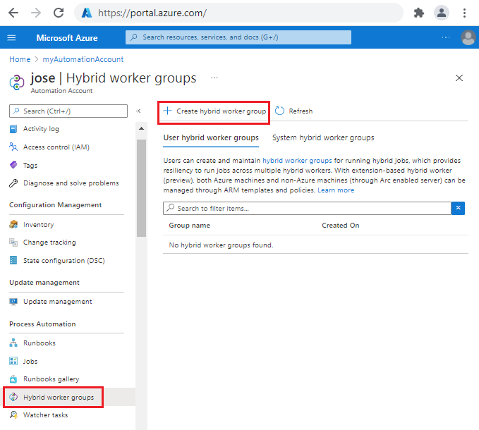 Captura de pantalla que muestra la selección de la opción Grupos de Hybrid Worker en el portal.