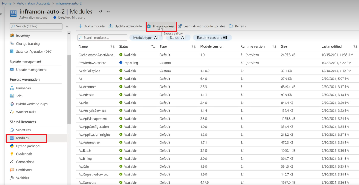 Captura de pantalla de la importación de módulos directamente desde Galería de PowerShell.
