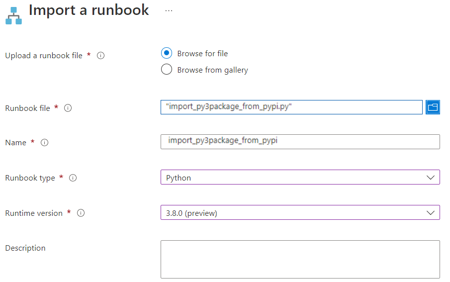 Captura de pantalla que muestra la página de importación de runbooks de Python&nbsp;3.