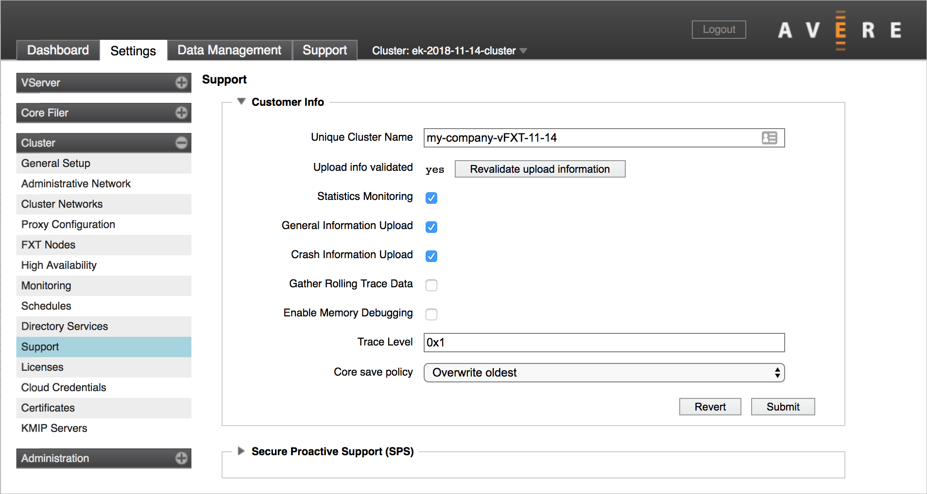 Screenshot containing completed customer info section of support settings page