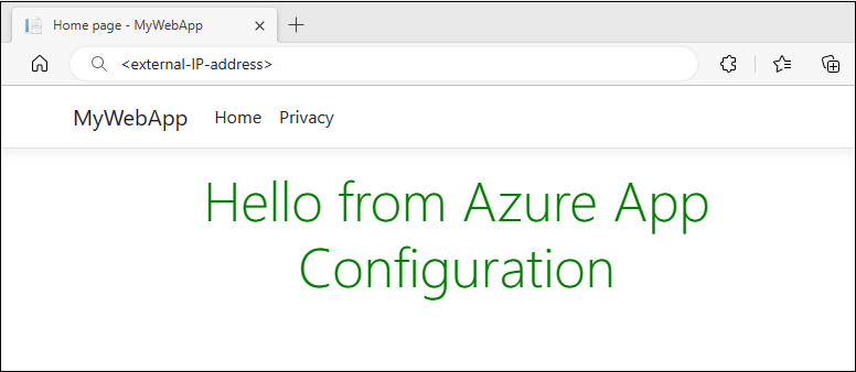 Captura de pantalla de un explorador que muestra la página web de una aplicación. La página contiene texto verde que indica Hola desde Azure App Configuration.