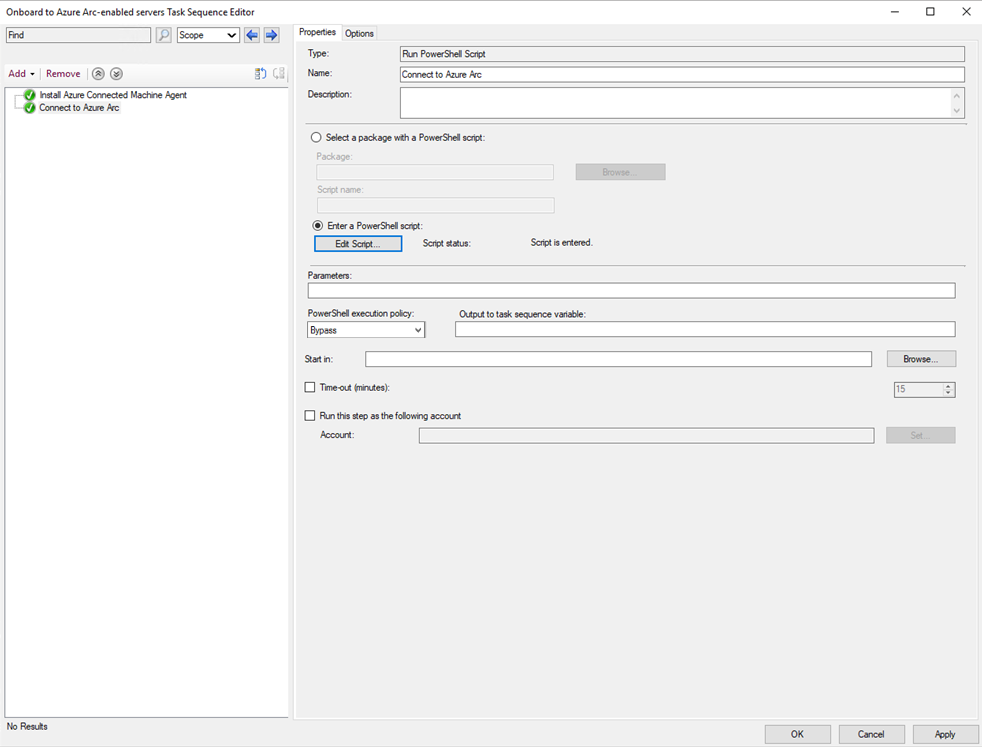 Captura de pantalla que muestra una secuencia de tareas que se está editando para ejecutar un script de PowerShell.