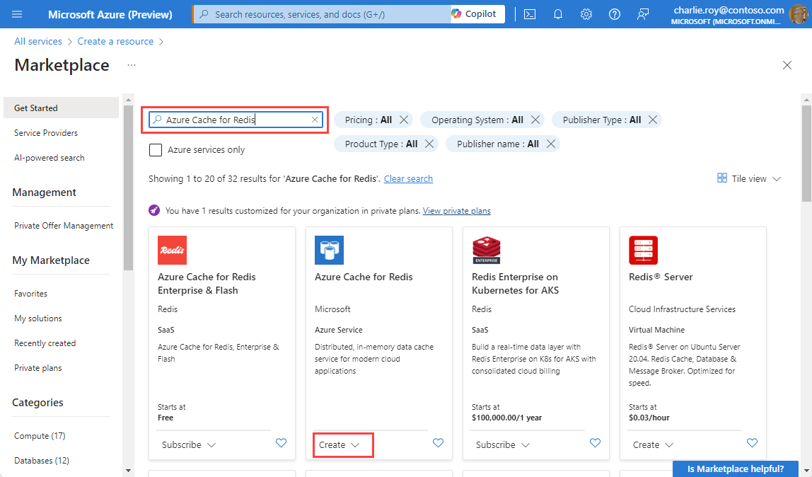 Captura de pantalla de Azure Marketplace con Azure Cache for Redis en el cuadro de búsqueda y crear resaltado con un cuadro rojo