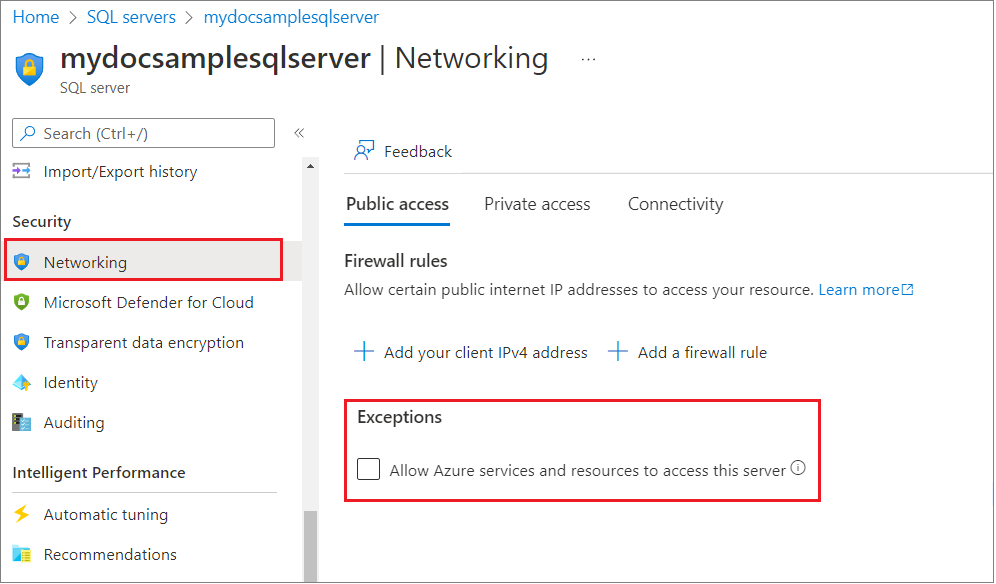 Captura de pantalla de la verificación de la configuración del firewall de Azure SQL Database en el Azure Portal.