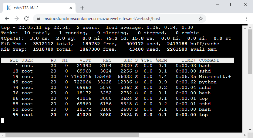 Captura de pantalla del comando top de Linux en ejecución en una sesión SSH.