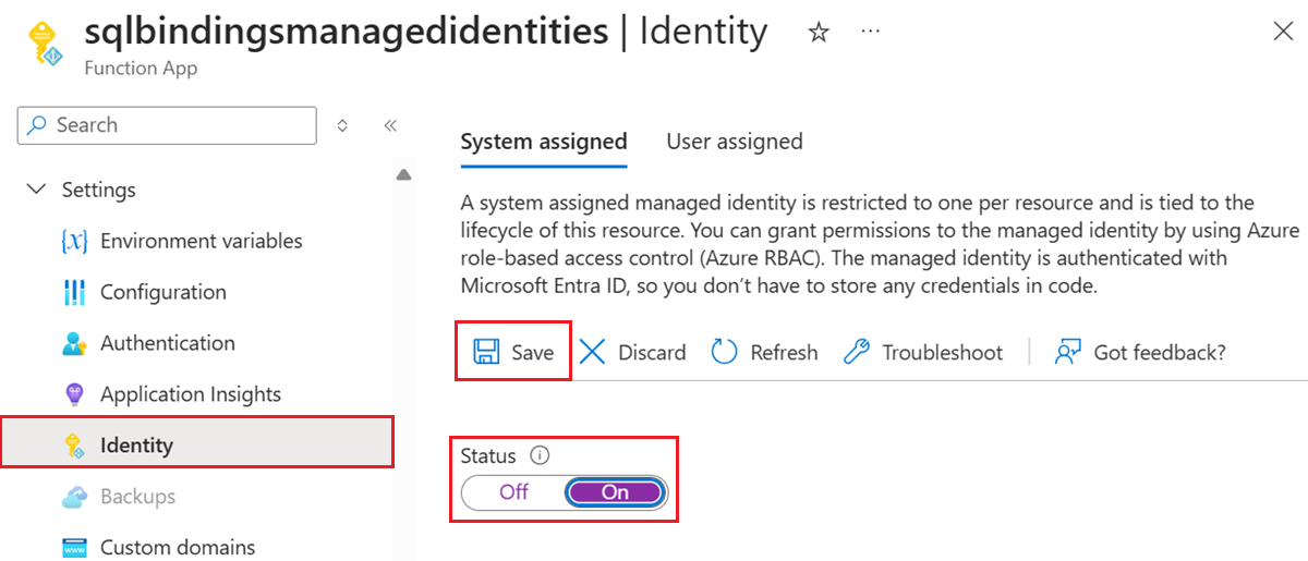 Turn on system assigned identity for Function app