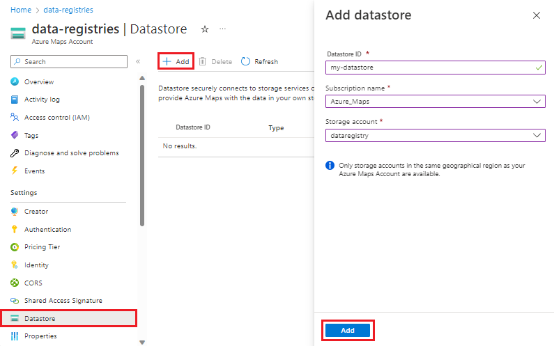 Captura de pantalla que muestra la pantalla Agregar almacén de datos.