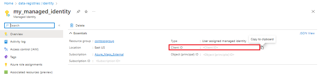 Captura de pantalla que muestra cómo seleccionar el Id. de cliente en el panel de identidades administradas de Azure.