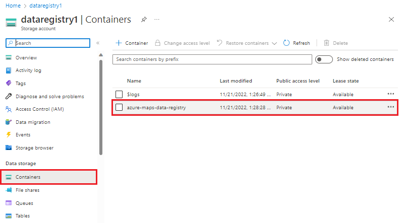 Captura de pantalla que muestra el nuevo contenedor recién creado en una cuenta de almacenamiento de Azure.