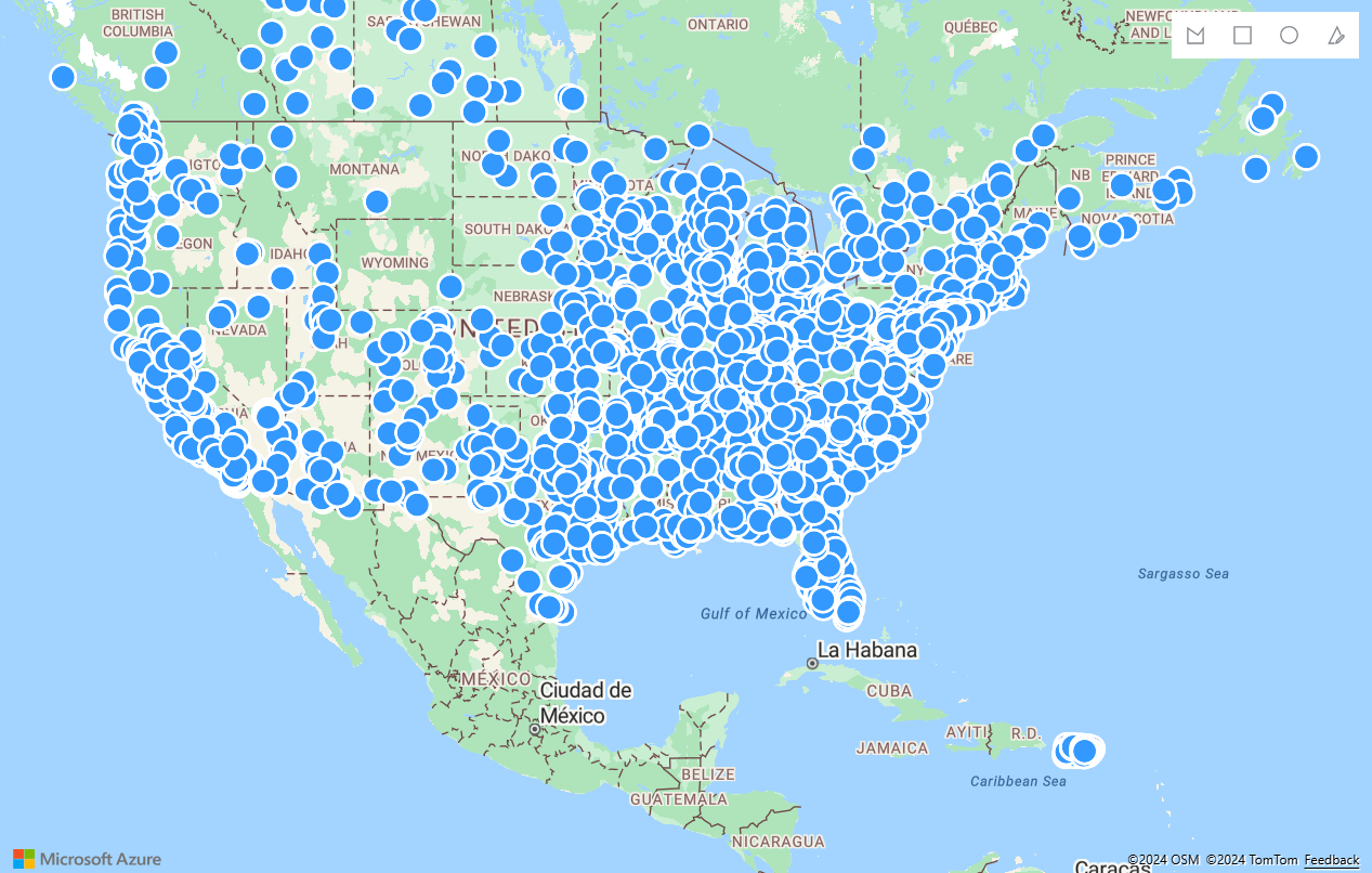 Captura de pantalla que muestra un mapa que tiene puntos dentros de áreas de polígonos.