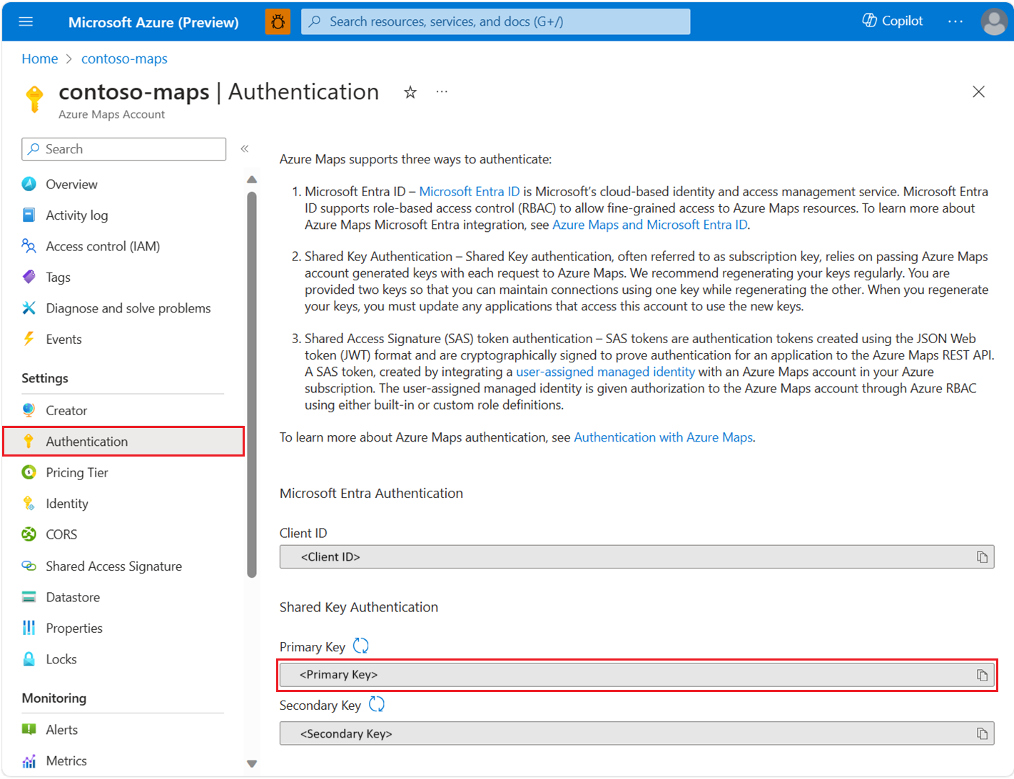 Captura de pantalla en la que se muestra la clave de suscripción de Azure Maps en Azure Portal.