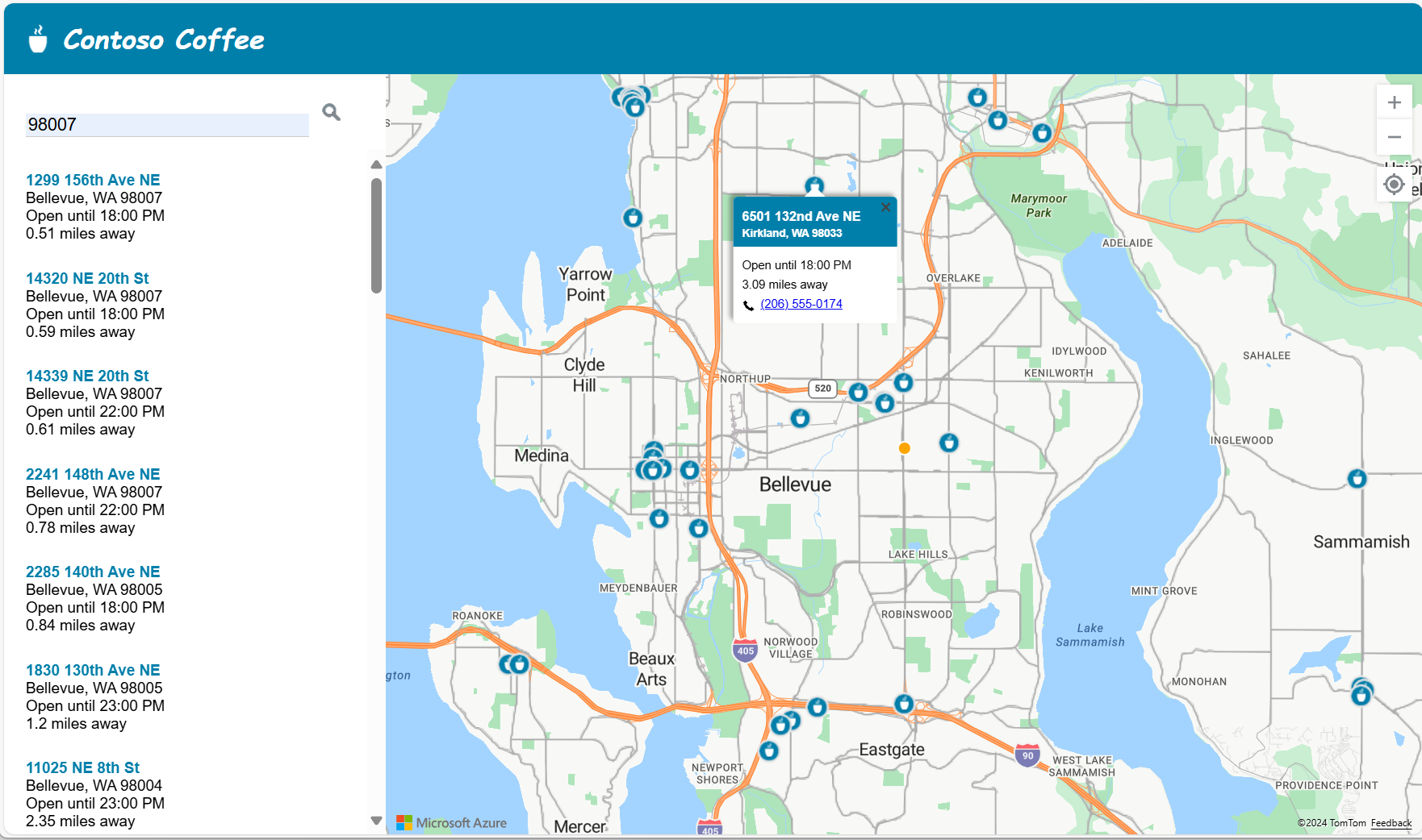 Captura de pantalla que muestra la aplicación de ejemplo Contoso Coffee store locator de Azure Maps.