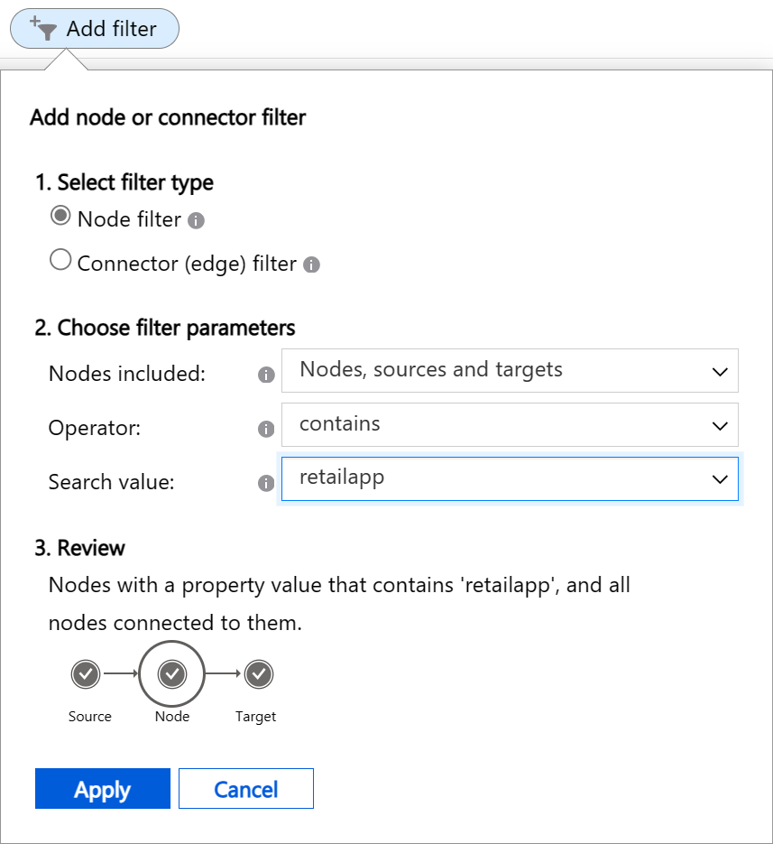 Captura de pantalla que muestra cómo configurar un filtro de nodo para que coincida con el texto
