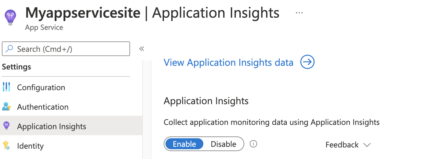  Captura de pantalla que muestra la pestaña Application Insights con la opción Habilitar seleccionada.