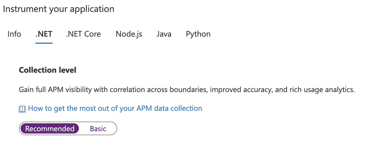 Captura de pantalla que muestra la página extensiones de sitio de Application Insights con la opción Crear nuevo recurso seleccionado.